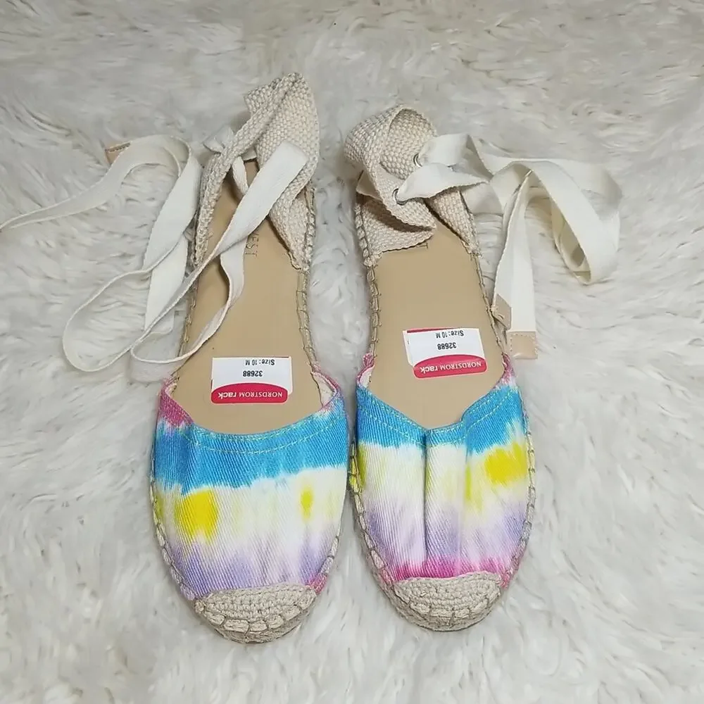 NWT Nine West Tie Dye Ankle Tie Flats Espadrille Style Multi-Color Size 10